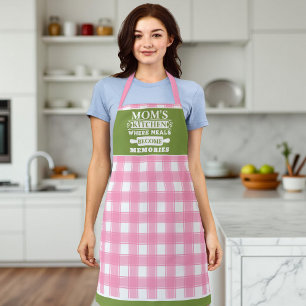 Delantal Las comidas de las madres de Gingham verde rosa se