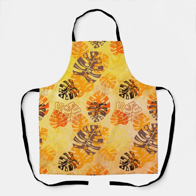 Delantal Las grandes hojas de Monstera en marrón y oro (Anverso)