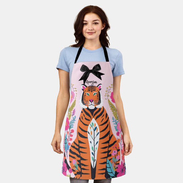 Delantal Lazo floral de tigre rosa estético chic artístico (Gastado)