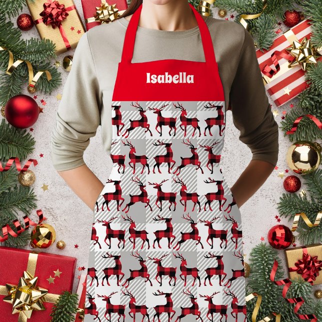 Delantal Leche de búfalo en negro gris rojo (Buffalo Plaid Reindeers on Gray Buffalo Plaid Apron, Customize, Personalize.)