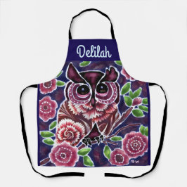 Delantal Lechuza caprichosa sobre la rama florida azul rosa