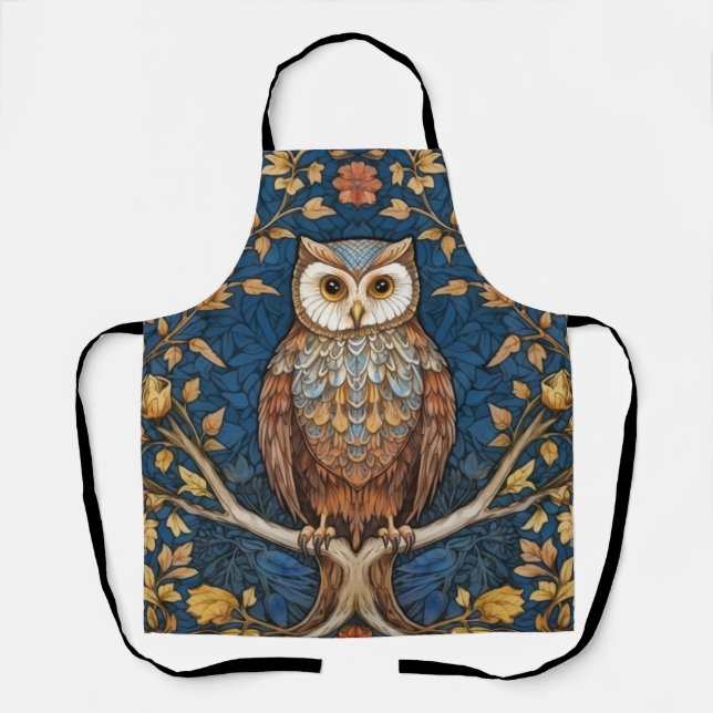 Delantal Lechuza en una rama azul otoño fondo arte nouveau (Anverso)
