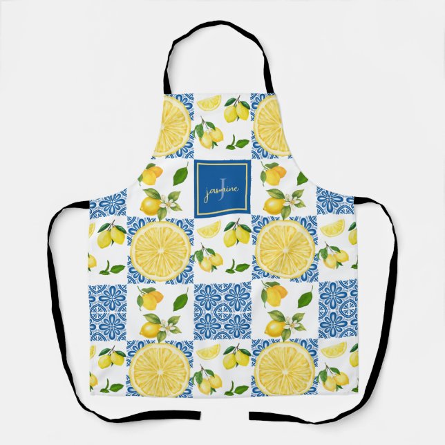 Delantal Lemon Monogram Name French Country Tile Pattern (Anverso)