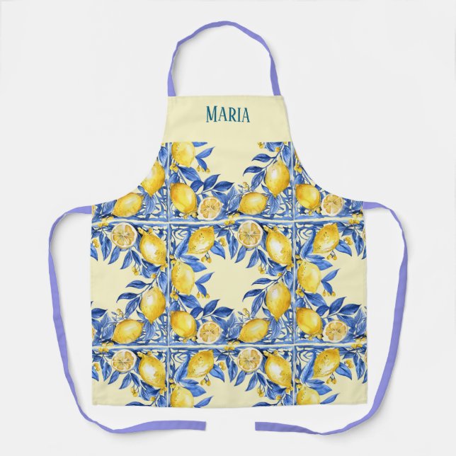 Delantal Lemones de inspiración portuguesa sobre azul (Anverso)