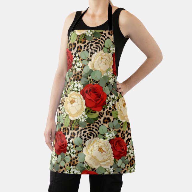 Delantal Leopard & Red Rose Pattern - Chic Floral Animal (in situ)