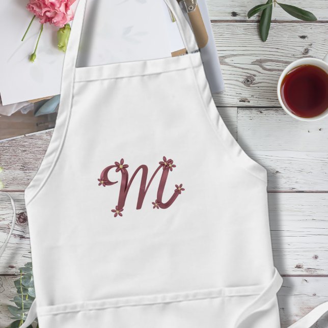 Delantal Letra monograma M Elegante Rosa Dorado Floral Inic (A pretty letter M apron that's perfect for your Mom. Makes a great Mother's Day or birthday gift)