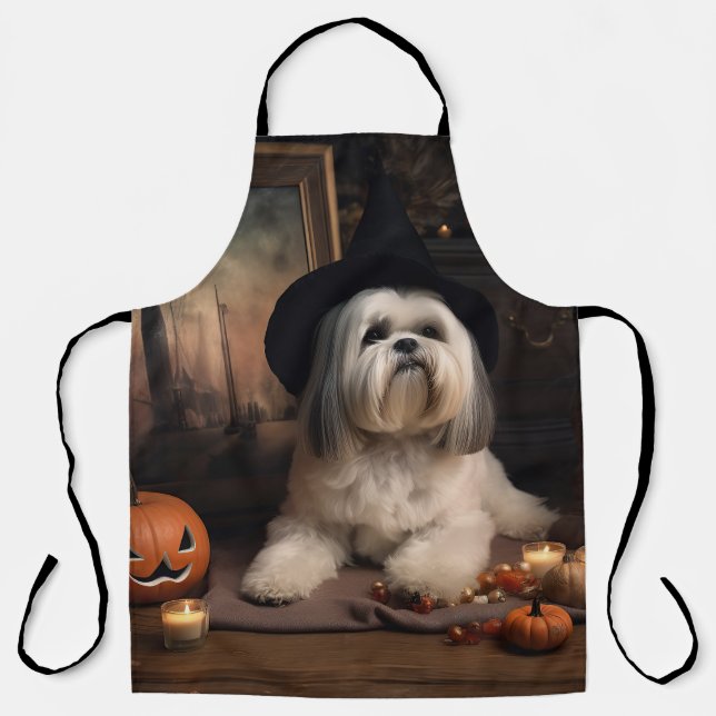 Delantal Lhasa Apso Calabazas Halloween Asustadizo (Anverso)