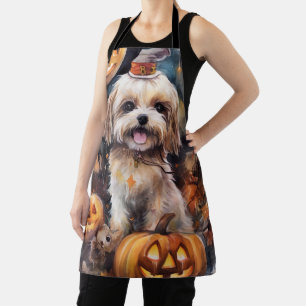 Delantal Lhasa Apso de Halloween con calabazas espeluznante
