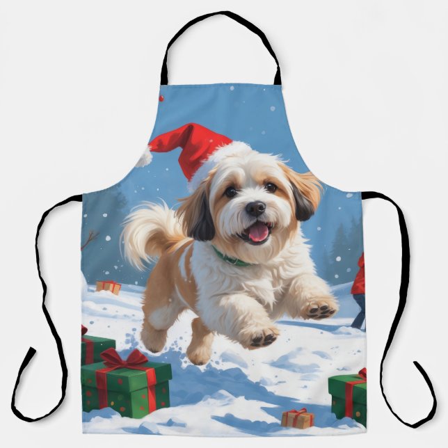 Delantal Lhasa Apso postulando en Nieve con Gorra Navidad (Anverso)