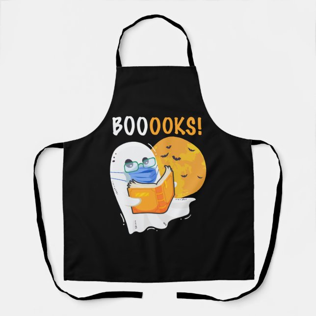 Delantal Libros Halloween Fantasma leyendo libros y usando (Anverso)