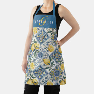 Delantal Limón Acuarela Azul Amarillo Nombre Personalizado