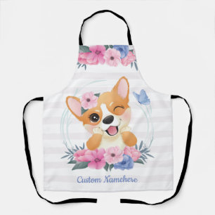 Delantal Lindo Corgi Perro Corona de Flores Mariposa Azul P