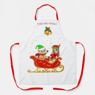 Delantal Lindo elfo de Navidad en trineo con regalos