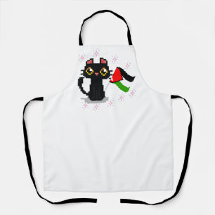 Delantal lindo gato negro sostiene bandera palestina