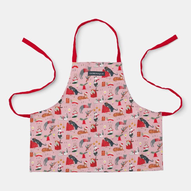 Delantal lindos gatos retro patrón Navidades rosados Apron (Anverso)