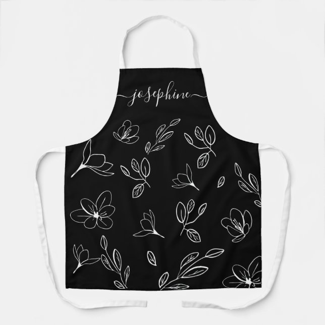 Delantal Lineario floral blanco negro Personalizado moderno (Anverso)