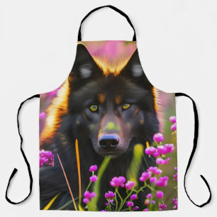 Delantal lobo negro con flores rosadas