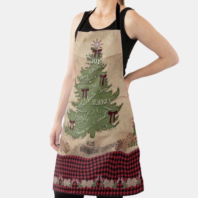 Delantal Lodge Christmas Tree Typography Wood Buffalo Check (in situ)