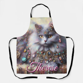 Delantal Long Hair Gray Cat w/Jewels Gemstones Personalized