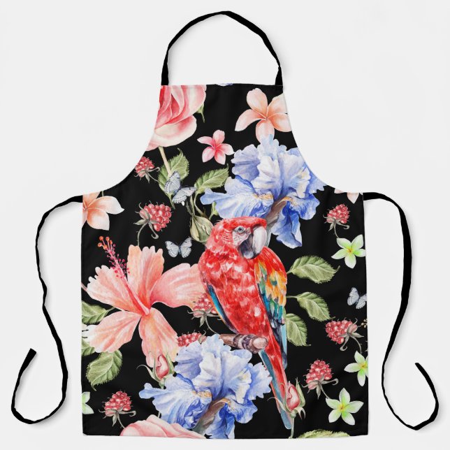 Delantal Loro acuarela: Romance de patrón floral. (Anverso)