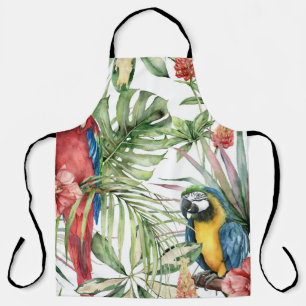 Delantal loros tropicales, hibiscos: patrón acuarela.