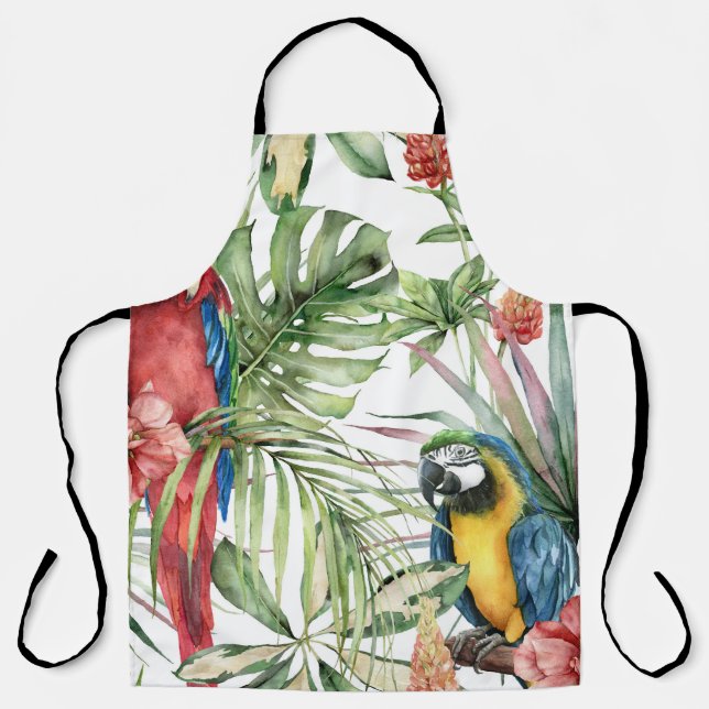 Delantal loros tropicales, hibiscos: patrón acuarela. (Anverso)