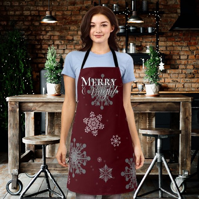 Delantal Los Navidades de las Copas de Nieve, fríos y brill (Red Merry and Bright Snowflakes Christmas Apron)