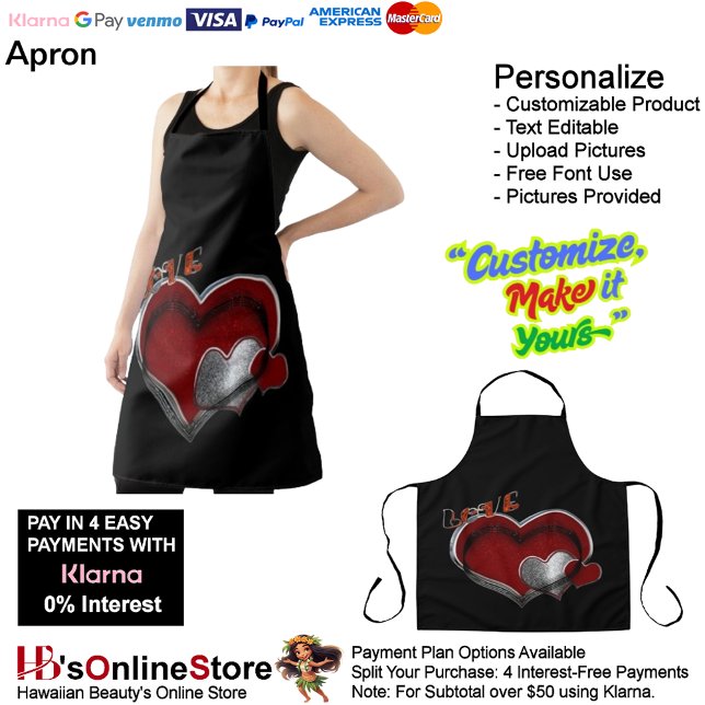 Delantal Love Heart Black Kitchen Cooking Mess Free Large (Love Heart Black Kitchen Cooking Mess Free Large Apron.)