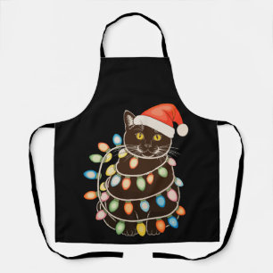Delantal Luces de árbol de Navidad de gato negro sombrero d