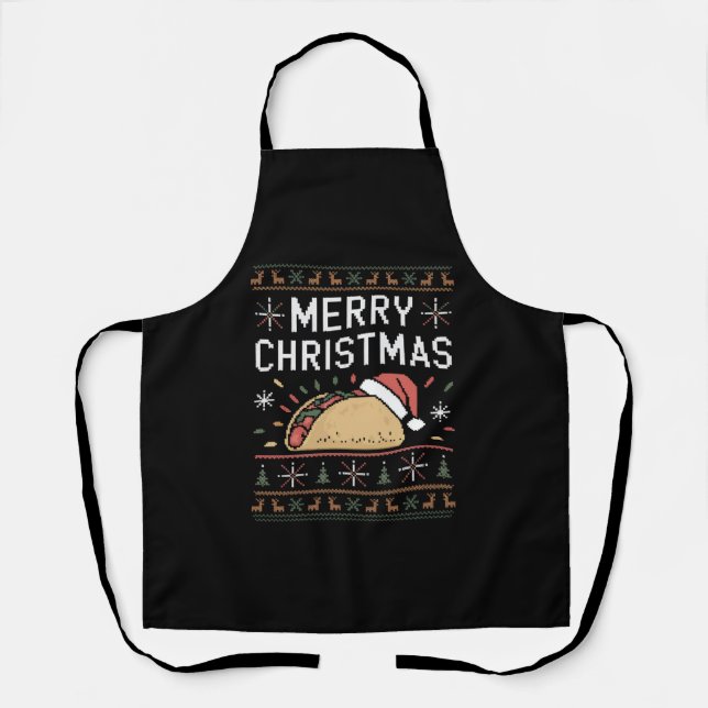 Delantal Luces de suéter feas de Navidad Santa Taco Navidad (Anverso)
