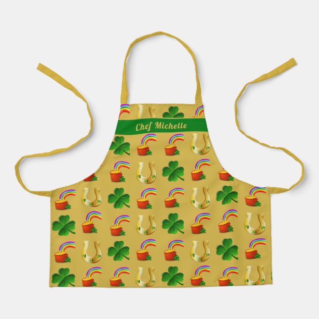 Delantal Lucky Irish Chef Personalizado Gold Green Apron (Anverso)