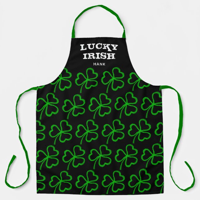 Delantal Lucky Irish Green Shamrock Pattern Black Monograma (Anverso)