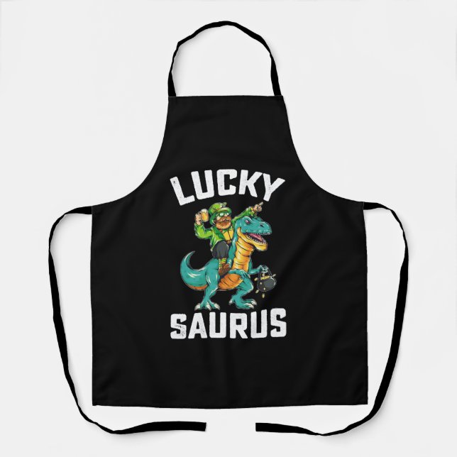 Delantal Lucky Saurus Dinosaur T Rex St Patrick's Day (Anverso)