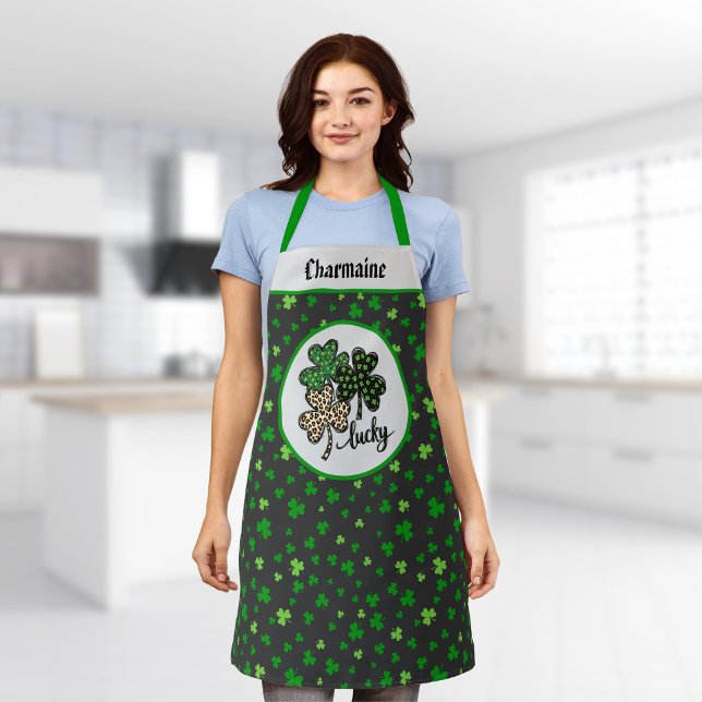 Delantal Lucky St Patrick Shamrock Green Black Cat Print   (Subido por el creador)