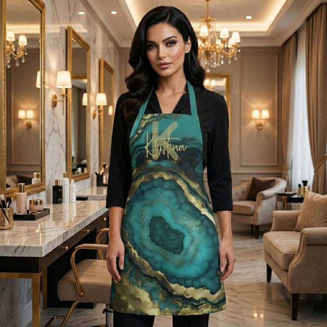Delantal Lujo Glam Chic Turquesa & Oro Geoda de Ágata (Subido por el creador)