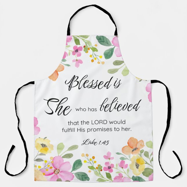 Delantal Luke 1:45 bendecida es ella, floral de las escritu (Anverso)