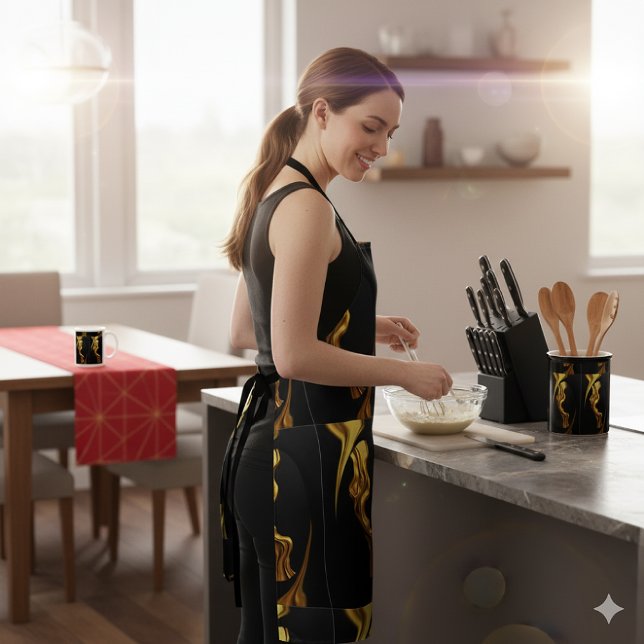 Delantal Luxury Full Gold Swirl Black Kitchen Chef Christti (Opulent Culinary Gold: Liquid Swirl Apron & Luxury Kitchen Accessories! Cook with Grace.)