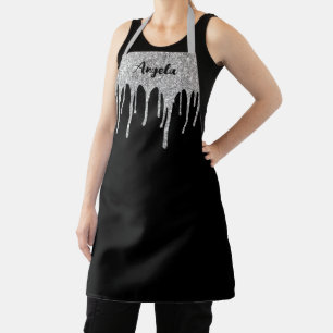 Delantal M Personalizado Negro con Brillo Plateado que Gote