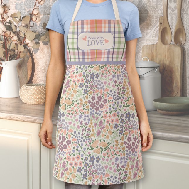 Delantal Made with Love Apron – Pastel Plaid & Blooms ("Made with Love" Floral Apron for Mom – Pastel Plaid & Blooms)