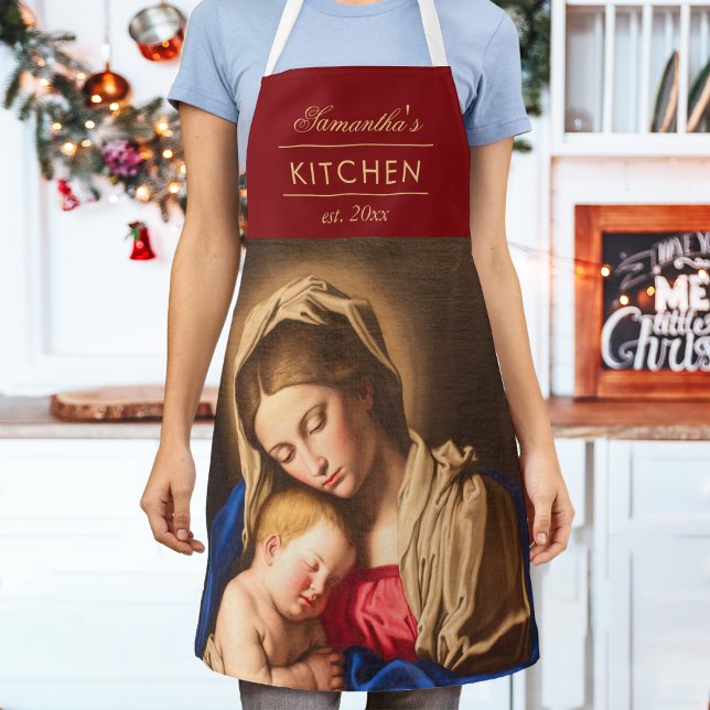 Delantal Madonna y niños Navidades religiosos tradicionales (Religious Christmas apron with Madonna and Child in red and gold for Catholics & Christians.)