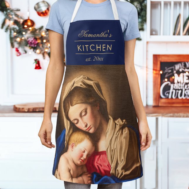 Delantal Madonna y niños Navidades religiosos tradicionales (Religious Christmas apron with Madonna and Child in blue and gold for Catholics and Christians.)