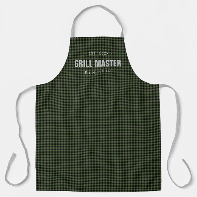 Delantal Maestro de grill gingham verde personalizado (Anverso)