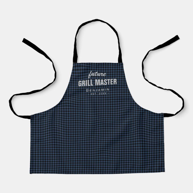 Delantal Maestro de parrilla azul gingham personalizado (Anverso)