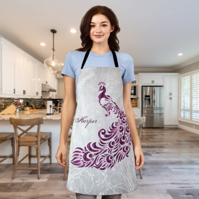 Delantal Magenta Peacock Personaliza el Apron de impresión (Magenta Peacock Personalized Apron)