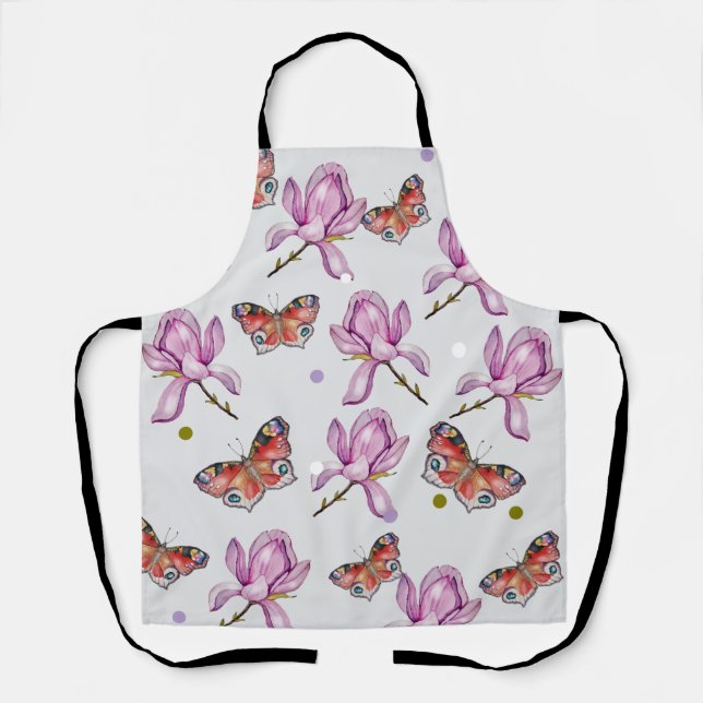 Delantal Magnolia and butterflies, watercolor pattern (Anverso)
