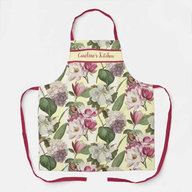 Delantal Magnolia e Hidrangea Flores de Cocina del Sur (Anverso)