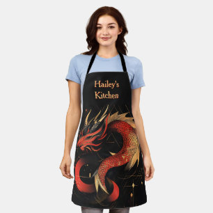 Delantal Majestuoso Arte Dragón Chino Rojo y Oro