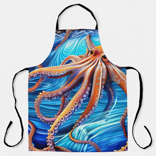 Delantal Majestuoso Octopus Blue Ocean Wave Expressionismo (Anverso)