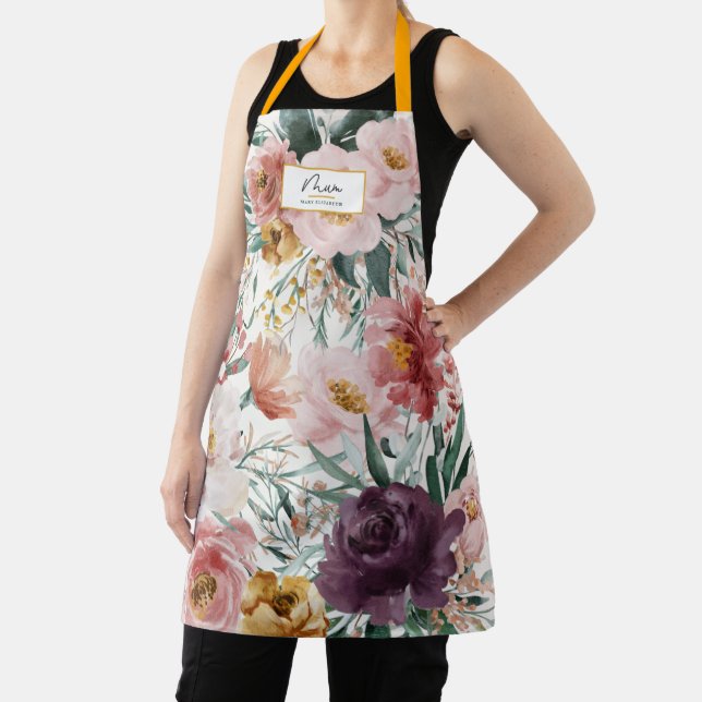 Delantal mamá acuarela escritura floral elegante editable (in situ)