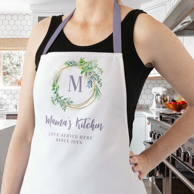Delantal Mamá Apron Aromatics Herbs Kitchen Monograma púrpu (mom apron christmas gift personalized aromatic herbs wreath gold circles monogram purple green cute)